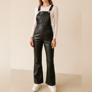 7 For All Mankind Vegan Leather Flare Leg Jumpsuit Overalls Black Sz‎ Medium NWT